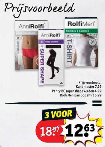 Promoties Kant hipster + panty bc super shape 40 den + rolfi men bamboo shirt - Anni Rolfi - Geldig van 11/12/2018 tot 23/12/2018 bij Kruidvat