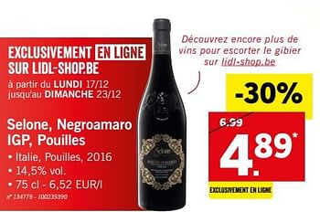 Promotions Selone, negroamaro igp, puglia - Vins rouges - Valide de 17/12/2018 à 24/12/2018 chez Lidl