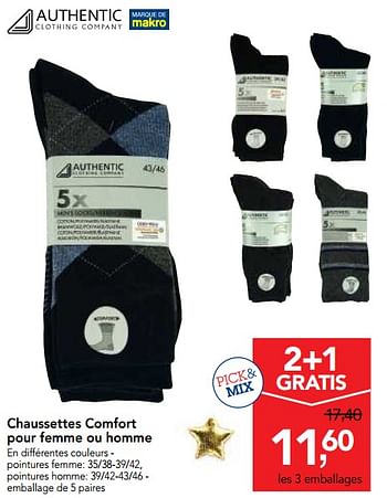 Promotions Chaussettes comfort pour femme ou homme - Authentic Clothing Company - Valide de 19/12/2018 à 31/12/2018 chez Makro