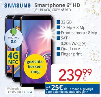 Promoties Samsung smartphone 6 hd j6+ black, grey of red - Samsung - Geldig van 10/12/2018 tot 31/12/2018 bij Eldi