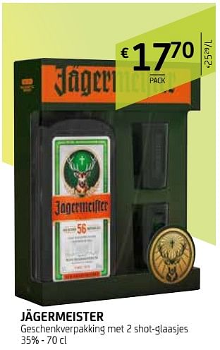 Promoties Jägermeister geschenkverpakking met 2 shot-glaasjes 35% - Jagermeister - Geldig van 07/12/2018 tot 20/12/2018 bij BelBev