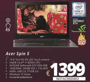 Promoties Acer spin 5 - Acer - Geldig van 07/12/2018 tot 31/12/2018 bij Compudeals