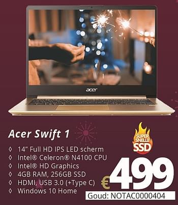 Promoties Acer swift 1 , goud - Acer - Geldig van 07/12/2018 tot 31/12/2018 bij Compudeals