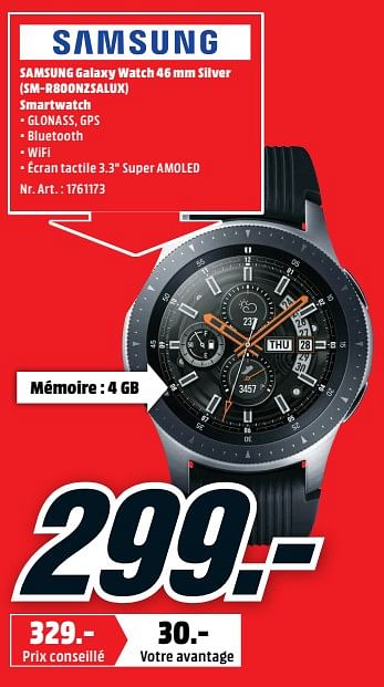 Promoties Samsung galaxy watch 46 mm silver sm-r800nzsalux smartwatch - Samsung - Geldig van 17/12/2018 tot 23/12/2018 bij Media Markt