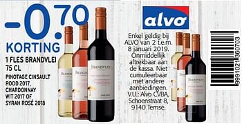 Promoties -0.70 korting 1 fles brandvlei pinotage cinsault rood 2017, chardonnay wit 2017 of syrah rosé 2018 - Rode wijnen - Geldig van 02/01/2019 tot 15/01/2019 bij Alvo