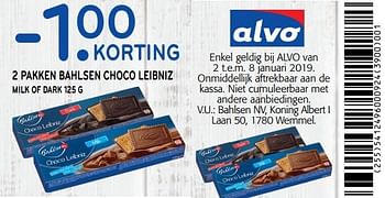 Promotions -1.00 korting 2 pakken bahlsen choco leibniz milk of dark - Bahlsen - Valide de 02/01/2019 à 15/01/2019 chez Alvo