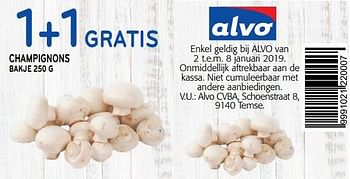 Promoties 1+1 gratis champignons bakje - Huismerk - Alvo - Geldig van 02/01/2019 tot 15/01/2019 bij Alvo