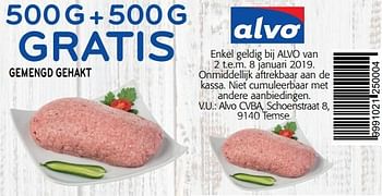 Promoties 500g + 500g gratis gemengd gehakt - Huismerk - Alvo - Geldig van 02/01/2019 tot 15/01/2019 bij Alvo