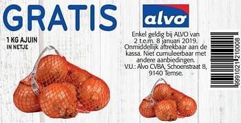 Promoties Gratis 1 kg ajuin in netje - Huismerk - Alvo - Geldig van 02/01/2019 tot 15/01/2019 bij Alvo