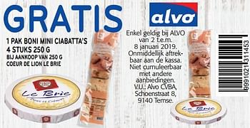 Promoties Gratis 1 pak boni mini ciabatta`s - Huismerk - Alvo - Geldig van 02/01/2019 tot 15/01/2019 bij Alvo