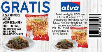 Promoties Gratis 1 zak mydibel verse voorgebakken frieten - Mydibel - Geldig van 02/01/2019 tot 15/01/2019 bij Alvo