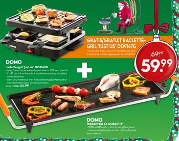 Promoties Domo raclette-grill `just us` do9147g + Domo teppanyaki XL DO8301TP - Domo elektro - Geldig van 19/12/2018 tot 31/12/2018 bij Blokker