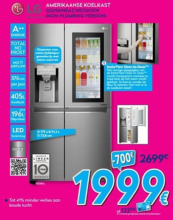 Promoties Lg amerikaanse koelkast gsx961neaz instaview non-plumbing version - LG - Geldig van 02/01/2019 tot 31/01/2019 bij Krefel