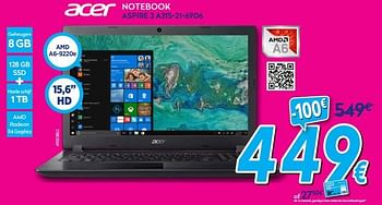 Promoties Acer notebook aspire 3 a315-21-69d6 - Acer - Geldig van 02/01/2019 tot 31/01/2019 bij Krefel
