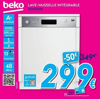Promoties Beko lave-vaisselle intégrable dsn53100 - Beko - Geldig van 02/01/2019 tot 31/01/2019 bij Krefel
