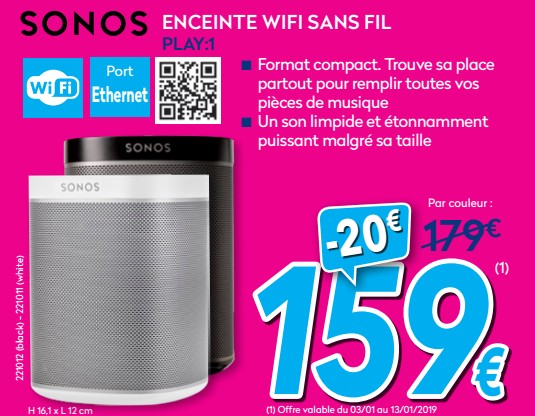 Promotions Sonos enceinte wifi sans fil play:1 - Sonos - Valide de 02/01/2019 à 31/01/2019 chez Krefel