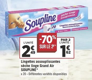 Promo Lingettes assouplissantes SOUPLINE Sèche-Linge grand air chez Géant  Casino