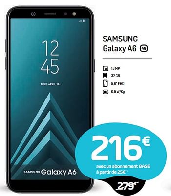 Promotions Samsung galaxy a6 - Samsung - Valide de 02/01/2019 à 01/02/2019 chez Base