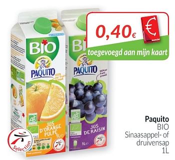 Promotions Paquito bio sinaasappel- of druivensap - Paquito - Valide de 02/01/2019 à 31/01/2019 chez Intermarche