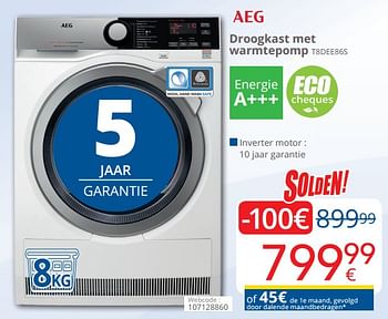 Promoties Aeg droogkast met warmtepomp t8dee86s - AEG - Geldig van 03/01/2019 tot 31/01/2019 bij Eldi