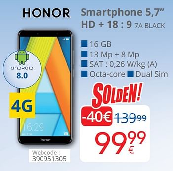 Promotions Honor smartphone 5,7`` hd + 18 : 9 7a black - Honor - Valide de 03/01/2019 à 31/01/2019 chez Eldi