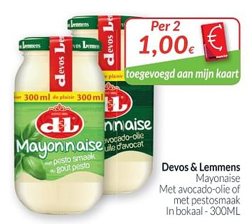 Promoties Devos + lemmens mayonaise met avocado-olie of met pestosmaak ln bokaal - Devos Lemmens - Geldig van 02/01/2019 tot 31/01/2019 bij Intermarche