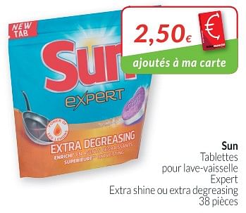 Promotions Sun tablettes pour lave-vaisselle expert extra shine ou extra degreasing - Sun - Valide de 02/01/2019 à 31/01/2019 chez Intermarche