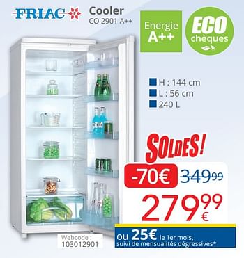Promoties Friac cooler co 2901 a++ - Friac - Geldig van 03/01/2019 tot 31/01/2019 bij Eldi