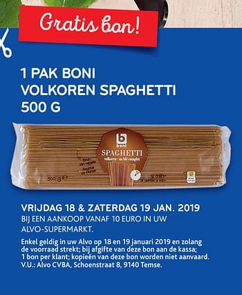 Promoties 1 pak boni volkoren spaghetti - Boni - Geldig van 16/01/2019 tot 29/01/2019 bij Alvo