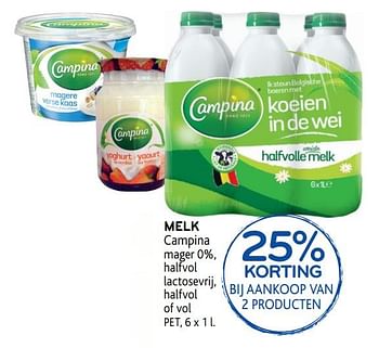 Promoties 25% korting melk campina mager 0%, halfvol lactosevrij, halfvol of vol - Campina - Geldig van 16/01/2019 tot 29/01/2019 bij Alvo