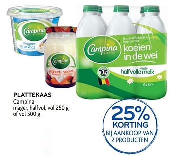 Promoties 25% korting plattekaas campina mager, halfvol,of vol - Campina - Geldig van 16/01/2019 tot 29/01/2019 bij Alvo