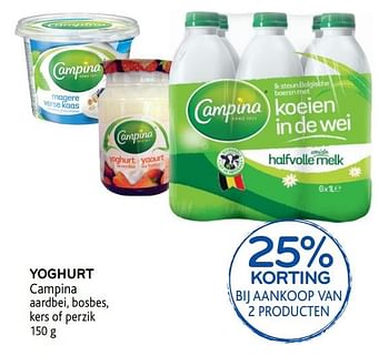 Promotions 25% korting yoghurt campina aardbei, bosbes, kers of perzik - Campina - Valide de 16/01/2019 à 29/01/2019 chez Alvo