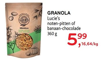 Promoties Granola lucie`s noten-pitten of banaan-chocolade - Lucie's  - Geldig van 16/01/2019 tot 29/01/2019 bij Alvo
