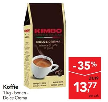 Promotions Koffie bonen - dolce crema - Kimbo - Valide de 16/01/2019 à 29/01/2019 chez Makro