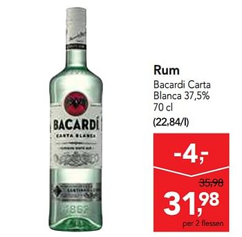 Promoties Rum bacardi carta blanca 37,5% - Bacardi - Geldig van 16/01/2019 tot 29/01/2019 bij Makro