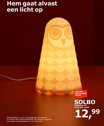 Promoties Solbo tafellamp, uil - Huismerk - Ikea - Geldig van 23/11/2018 tot 31/07/2019 bij Ikea