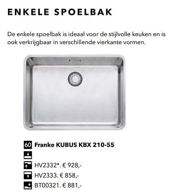 Promotions Enkele spoelbak franke kubus kbx 210-55 - Franke - Valide de 01/01/2019 à 31/12/2019 chez Kvik Keukens