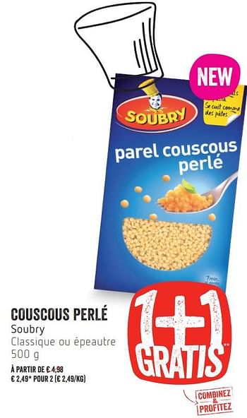 Promotions Couscous perlé soubry - Soubry - Valide de 10/01/2019 à 16/01/2019 chez Delhaize