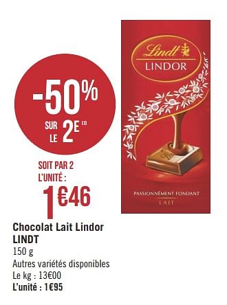 Promoties Chocolat lait lindor lindt - Lindt - Geldig van 09/01/2019 tot 20/01/2019 bij Géant Casino