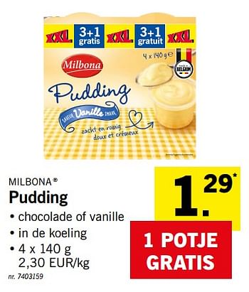 Promoties Pudding - Milbona - Geldig van 21/01/2019 tot 26/01/2019 bij Lidl
