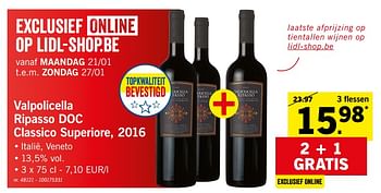Promoties Valpolicella ripasso doc classico superiore, 2016 - Rode wijnen - Geldig van 21/01/2019 tot 26/01/2019 bij Lidl