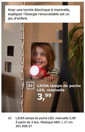 Promotions Ljusa lampe de poche led, manuelle - Produit maison - Ikea - Valide de 23/11/2018 à 31/07/2019 chez Ikea