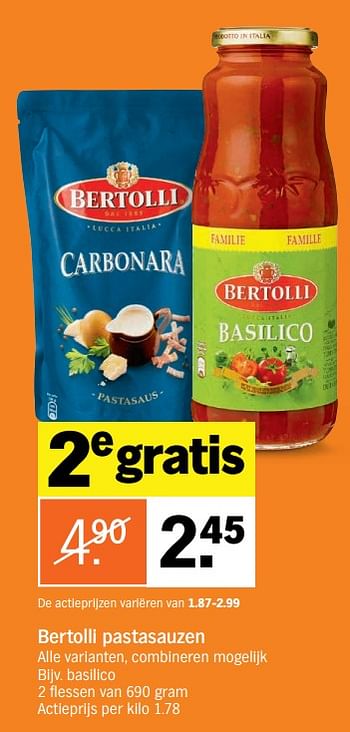 Promoties Bertolli pastasauzen basilico - Bertolli - Geldig van 14/01/2019 tot 20/01/2019 bij Albert Heijn