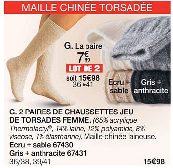Promoties 2 paires de chaussettes jeu de torsades femme. - Huismerk - Damart - Geldig van 01/01/2019 tot 15/06/2019 bij Damart