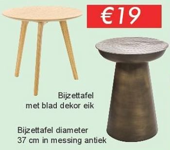 Promoties Bijzettafel met blad dekor eik - bijzettafel diameter 37 cm in messing antiek - Huismerk - Belga Meubelen - Geldig van 03/01/2019 tot 31/01/2019 bij Belga Meubelen