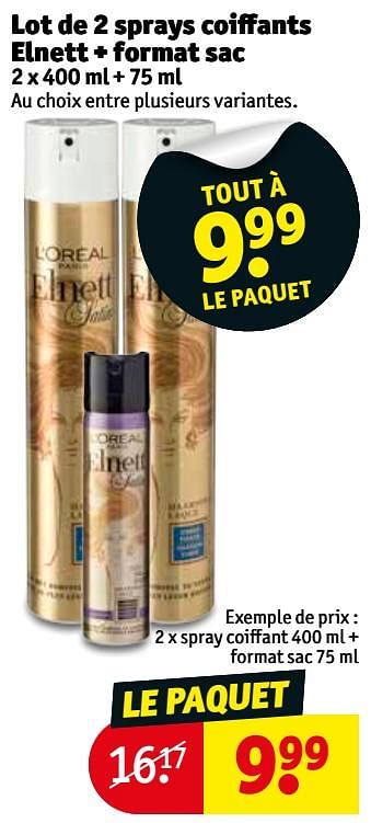 Promoties Lot de 2 sprays coiffants elnett + format sac - L'Oreal Paris - Geldig van 15/01/2019 tot 27/01/2019 bij Kruidvat