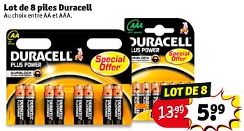 Promoties Lot de 8 piles duracell - Duracell - Geldig van 15/01/2019 tot 27/01/2019 bij Kruidvat