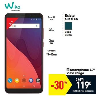 Promotions Wiko smartphone 5.7`` view rouge - Wiko - Valide de 09/01/2019 à 21/01/2019 chez Conforama