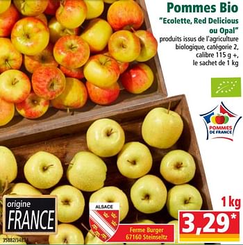 Promotions Pommes bio ecolette, red delicious ou opal - Produit Maison - Norma - Valide de 16/01/2019 à 22/01/2019 chez Norma