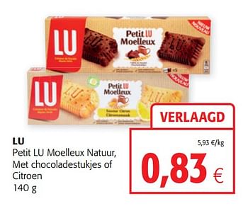 Promotions Lu petit lu moelleux natuur, met chocoladestukjes of citroen - Lu - Valide de 16/01/2019 à 29/01/2019 chez Colruyt
